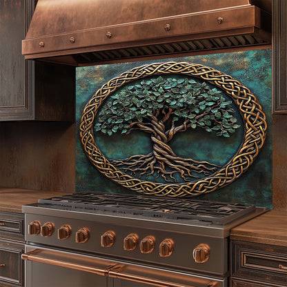 Verdant Embrace – Tree of Life Tempered Glass Backsplash | Copper Look Kitchen Backsplash