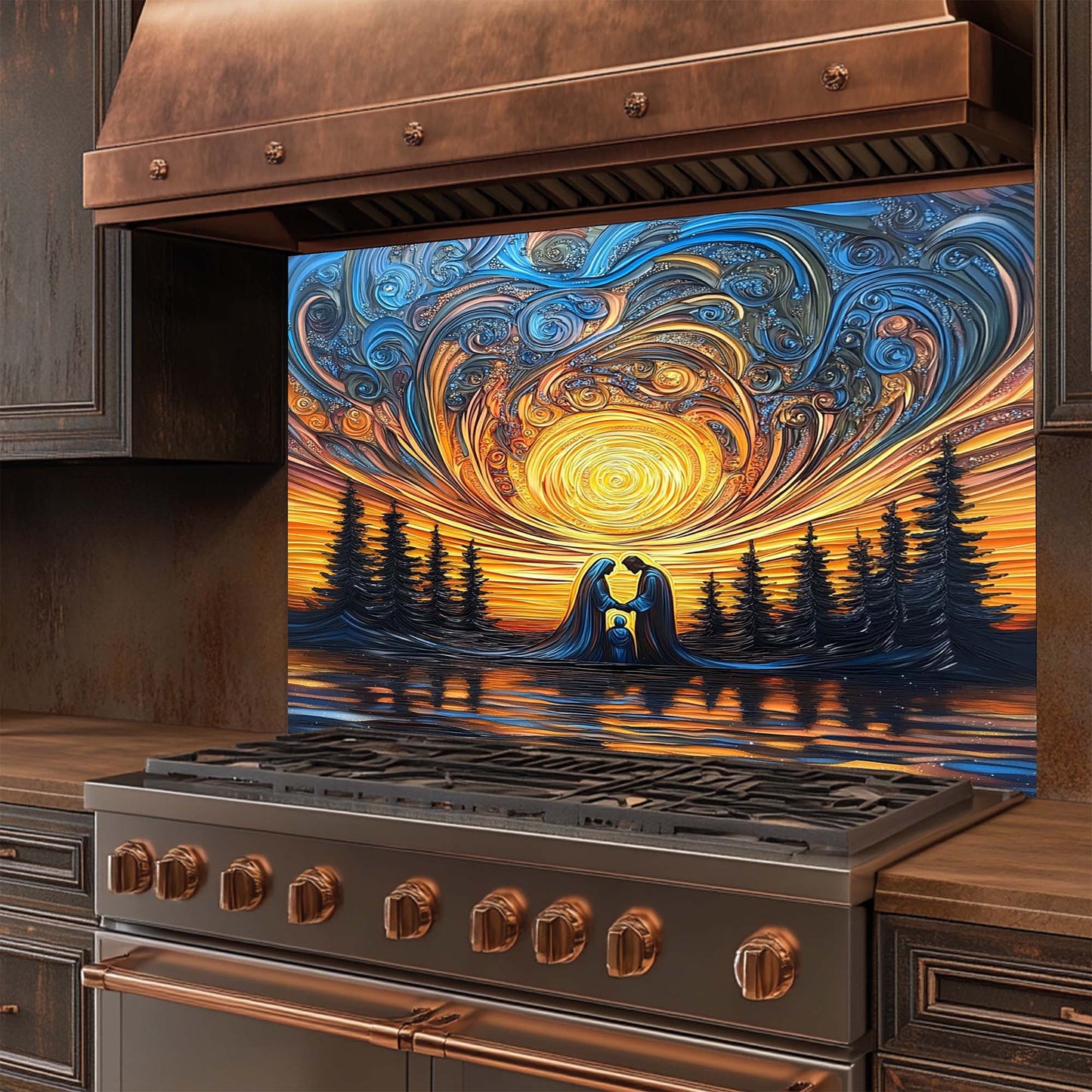 Sacred Light – Tempered Glass Backsplash for Kitchen Stove | Holy Family Sunset Backsplash
