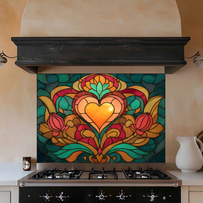 Tempered Glass Backsplash for Kitchen | Stained Glass Heart and Tulip Design