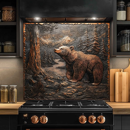 Forest Watch Tempered Glass Backsplash – Copper Bear & River Scene Splashback