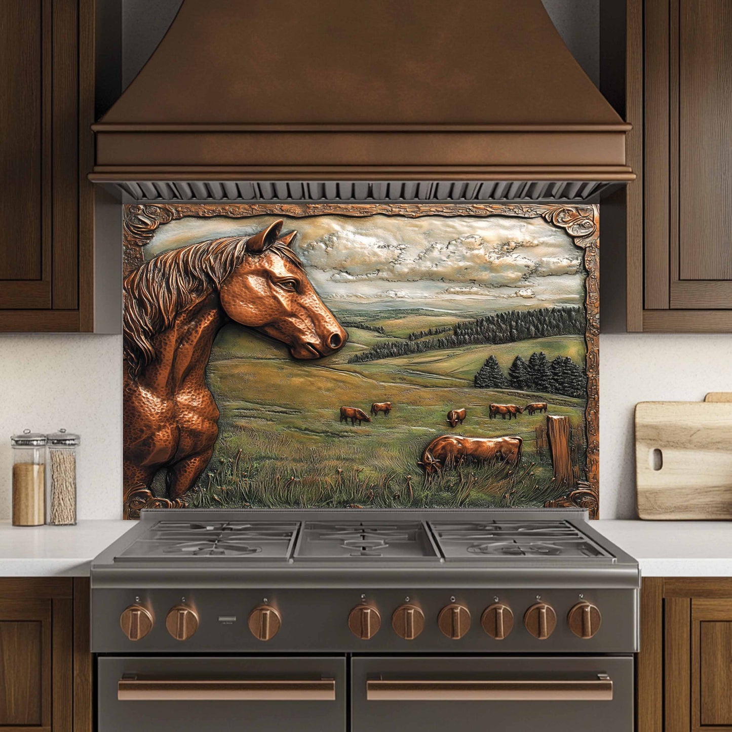 Copper Look Horse Tempered Glass Backsplash – Farmhouse Country Kitchen Backsplash