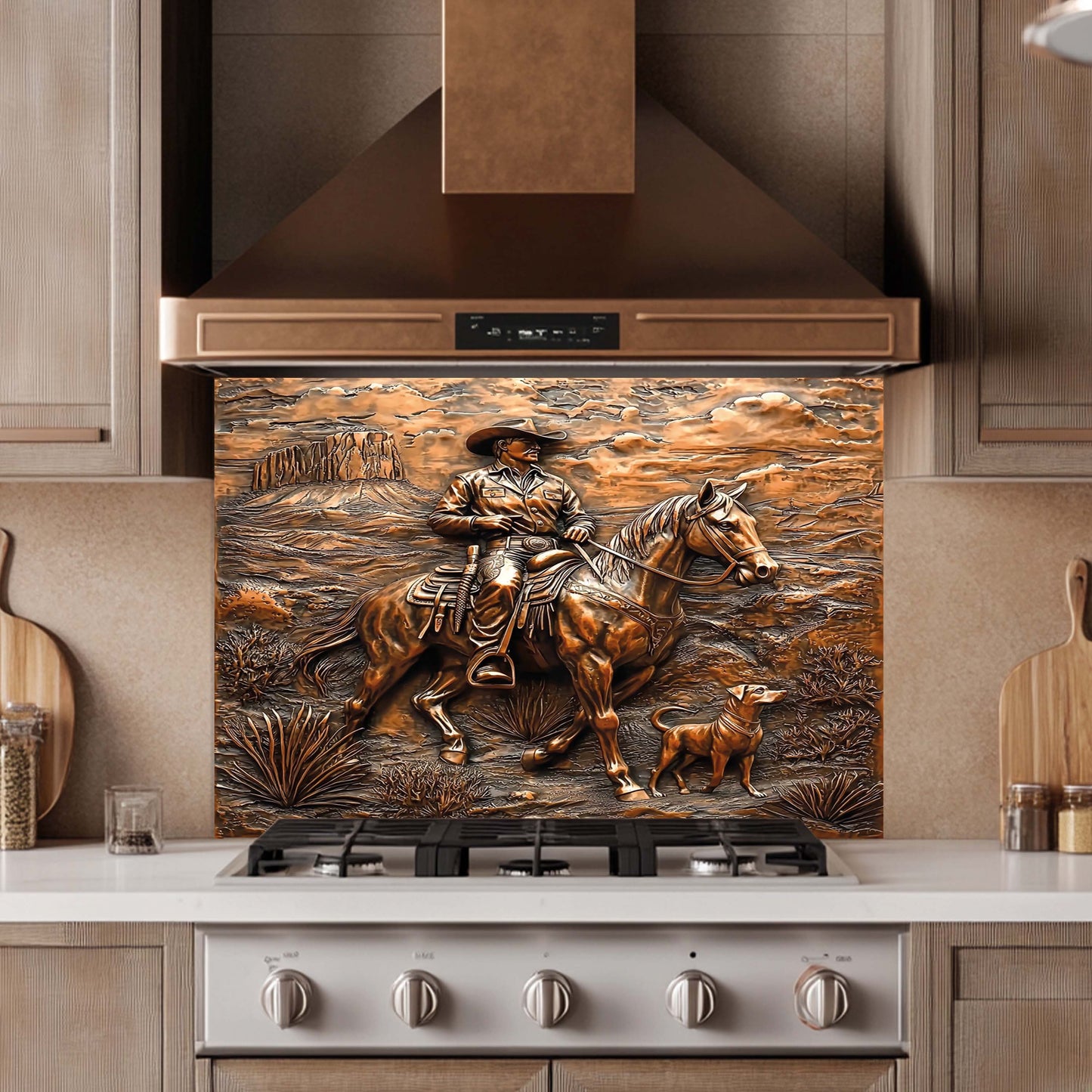 Copper Look Cowboy Tempered Glass Backsplash – Western Kitchen Backsplash Behind Stove
