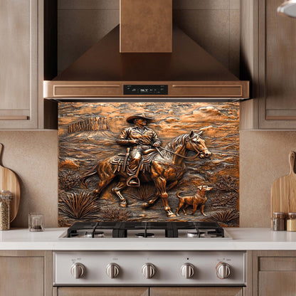 Copper Look Cowboy Tempered Glass Backsplash – Western Kitchen Backsplash Behind Stove