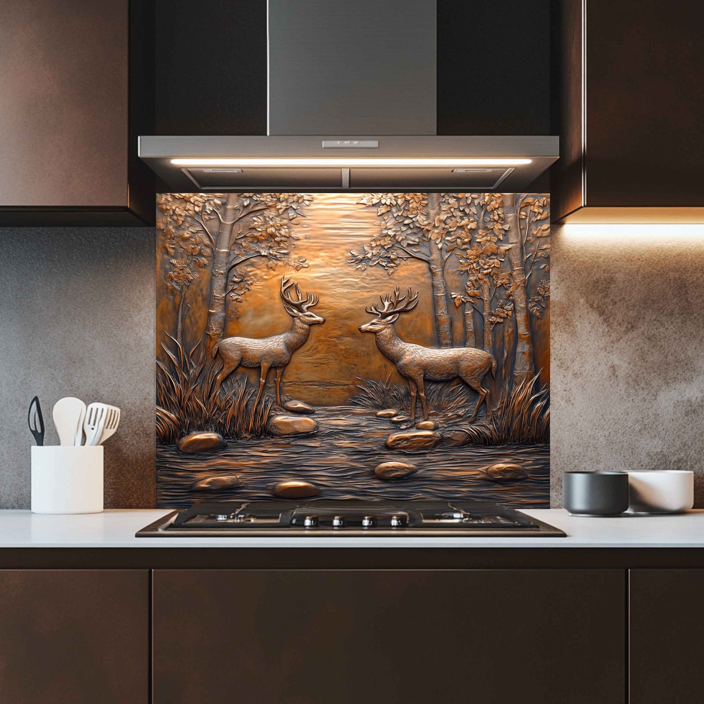 Forest Encounter Tempered Glass Backsplash – Deer Scene Kitchen Backsplash Panel