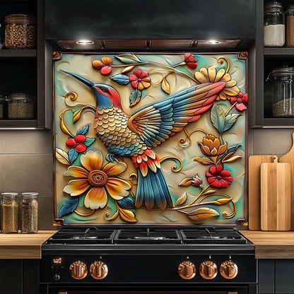 Birdsong Bloom Tempered Glass Backsplash – Colorful Floral & Bird Kitchen Backsplash
