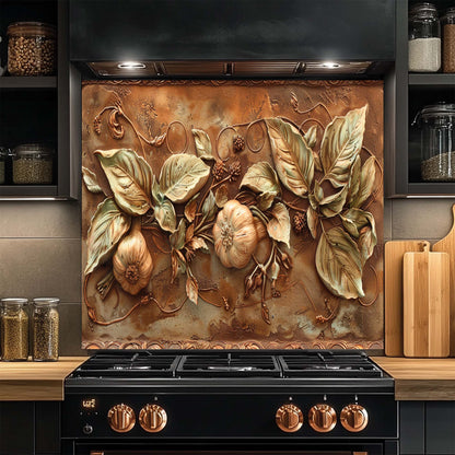 Golden Harvest Relief Tempered Glass Backsplash for Kitchen | Tuscan Garlic Backsplash