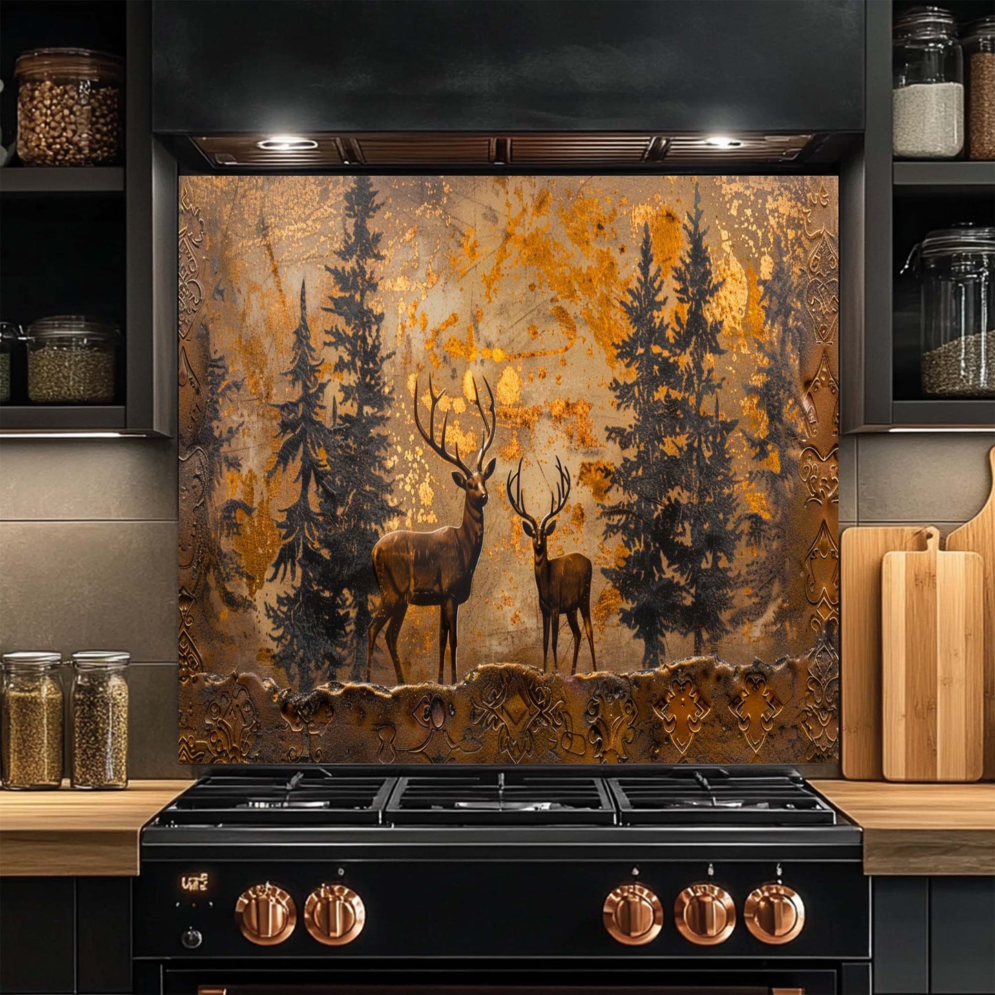 Copper Crest – Tempered Glass Backsplash for Kitchen | Stag & Forest Design Backsplash