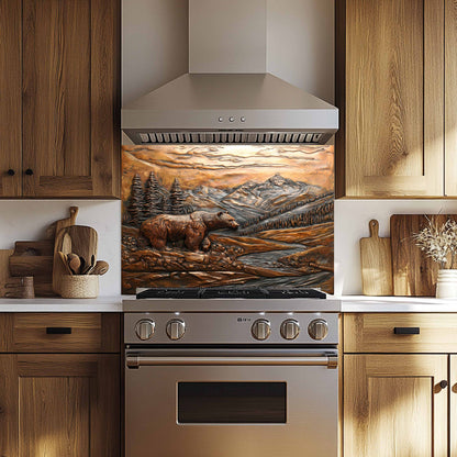 Bronze Grizzly Tempered Glass Backsplash – Mountain Bear Kitchen Backsplash Panel