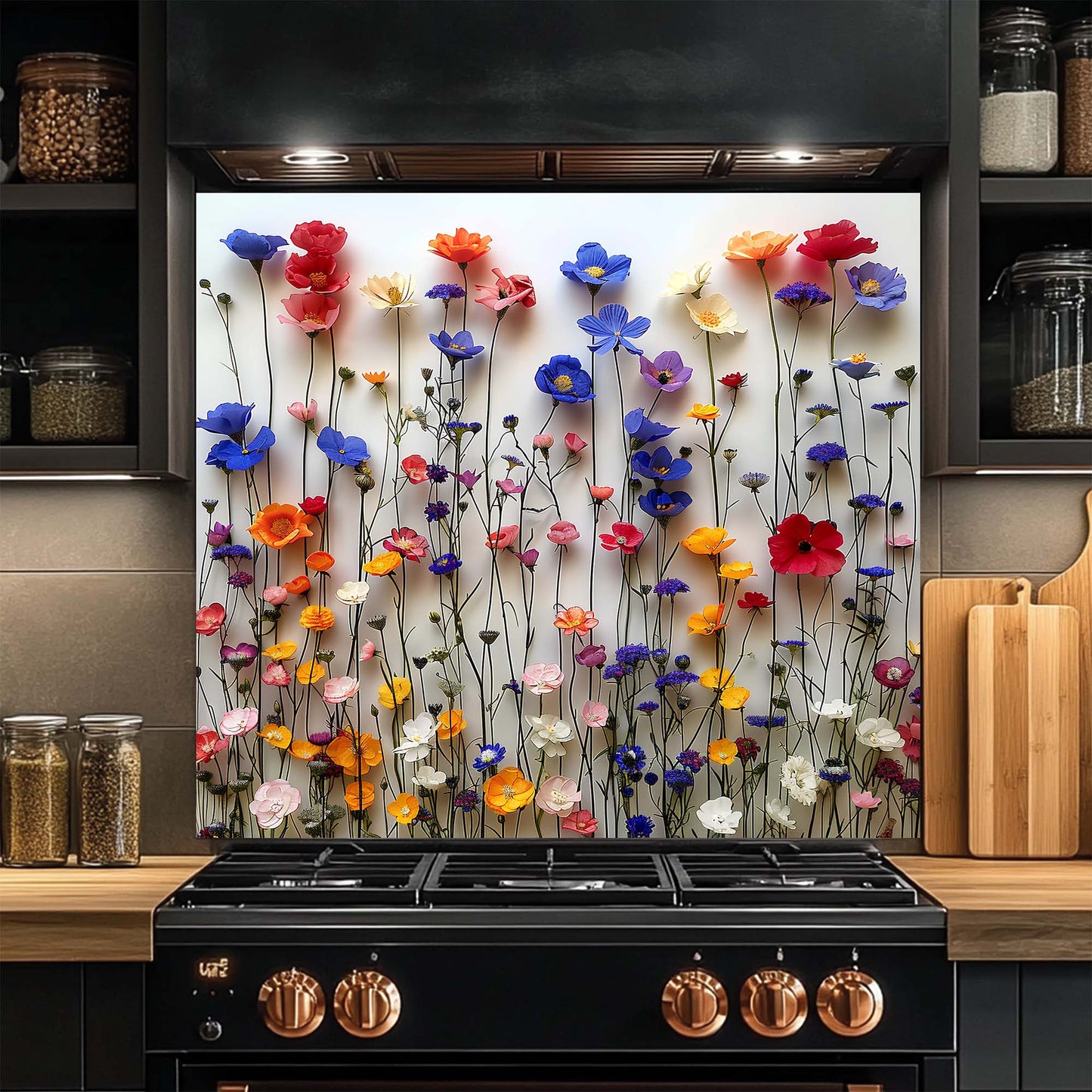Floral Waltz Tempered Glass Backsplash – Colorful Flower Kitchen Backsplash Tile