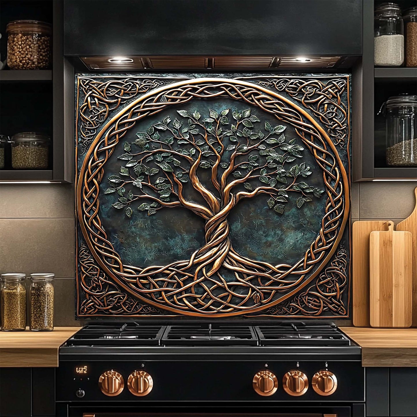 Celtic Roots – Tempered Glass Backsplash for Kitchen Stove | Tree of Life Copper Look Backsplash