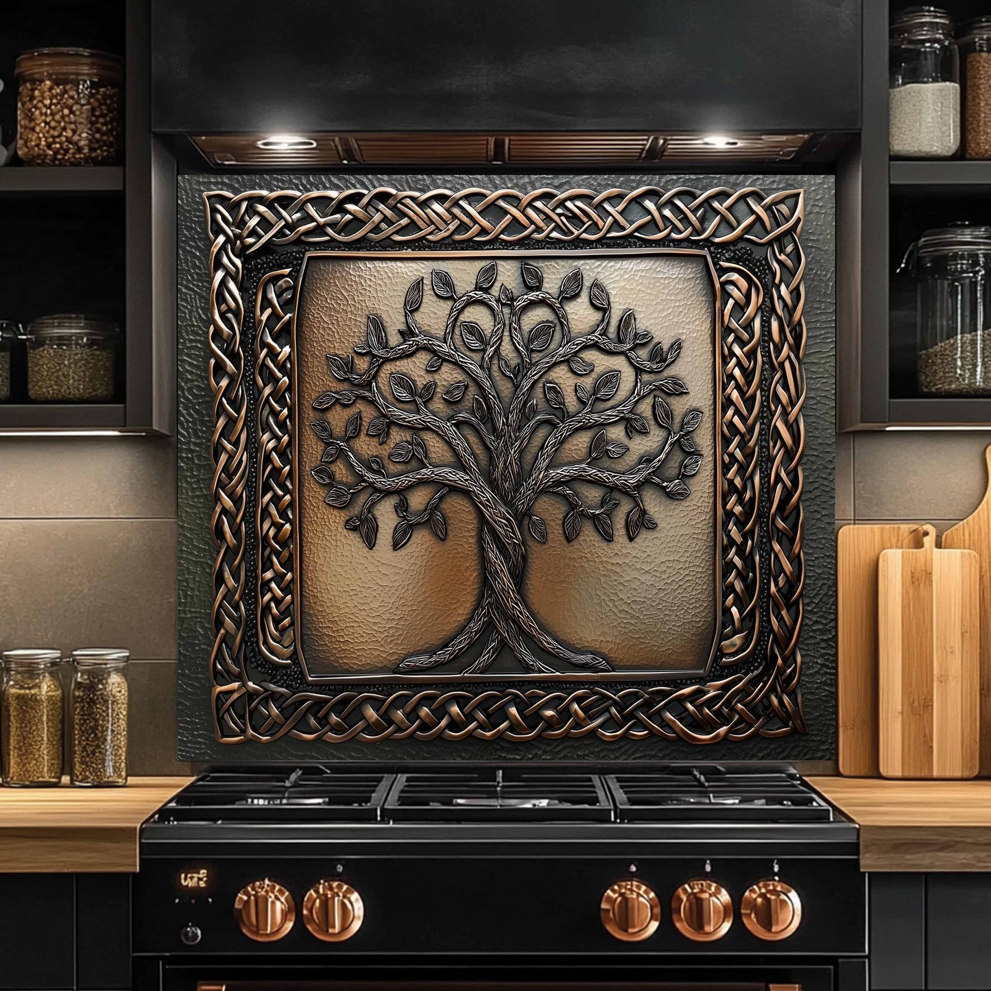 Custom Kitchen Backsplash – Celtic Roots Tempered Glass Stove Backsplash