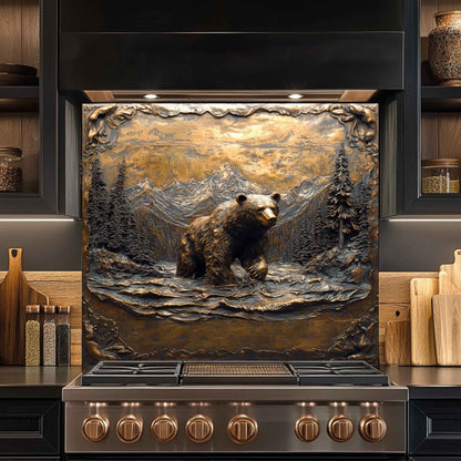 Forest Roar Bear – Tempered Glass Backsplash for Kitchen Stove