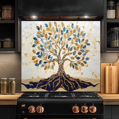 Custom Kitchen Backsplash – Golden Roots Tempered Glass Stove Backsplash