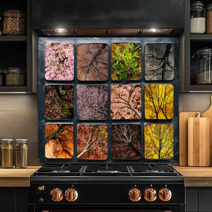 Seasonal Canopy – Tempered Glass Backsplash for Kitchen | Floral Tree Silhouette Abstract