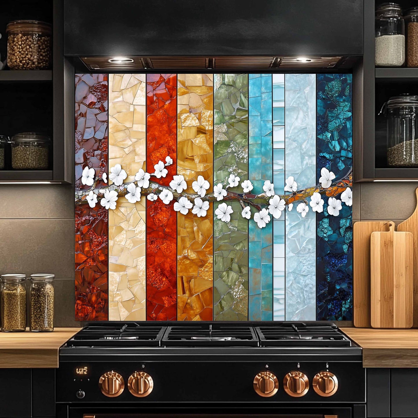 Glass Kitchen Backsplash – Blossom Spectrum Mosaic With Cherry Flower Branch
