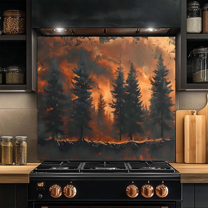 Ash Rise – Tempered Glass Backsplash for Kitchen Stove | Wild Forest in Fire Scene Backsplash