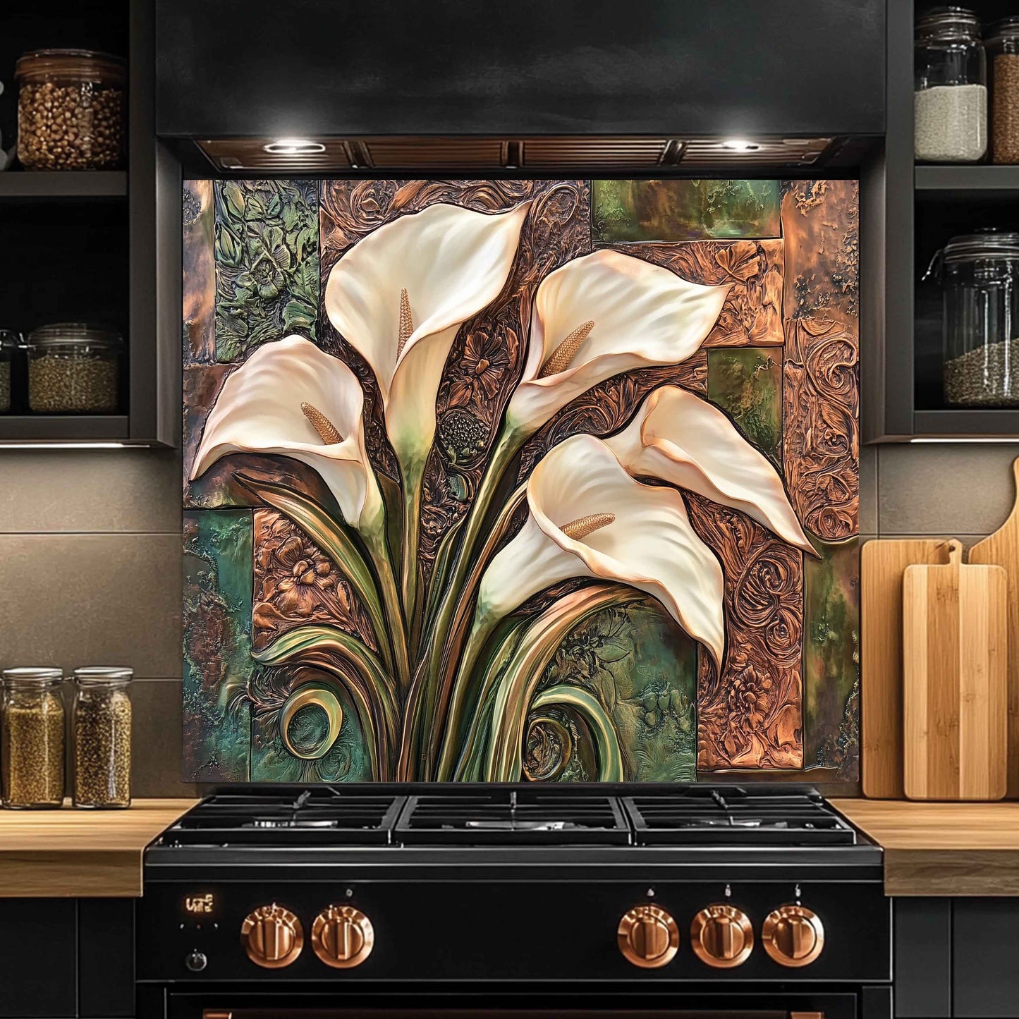 Tempered Glass Kitchen Backsplash With Bronze Calla Bloom Design