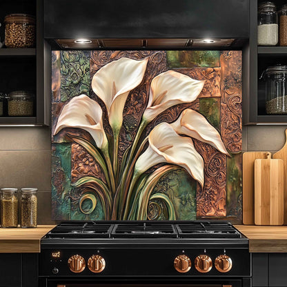 Tempered Glass Kitchen Backsplash With Bronze Calla Bloom Design