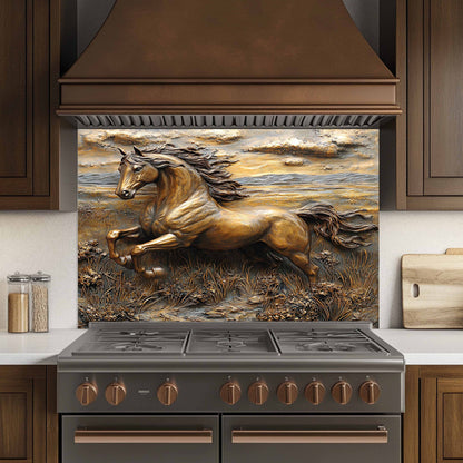Copper Look Horse Tempered Glass Backsplash – Rustic Kitchen Back splash for Stove