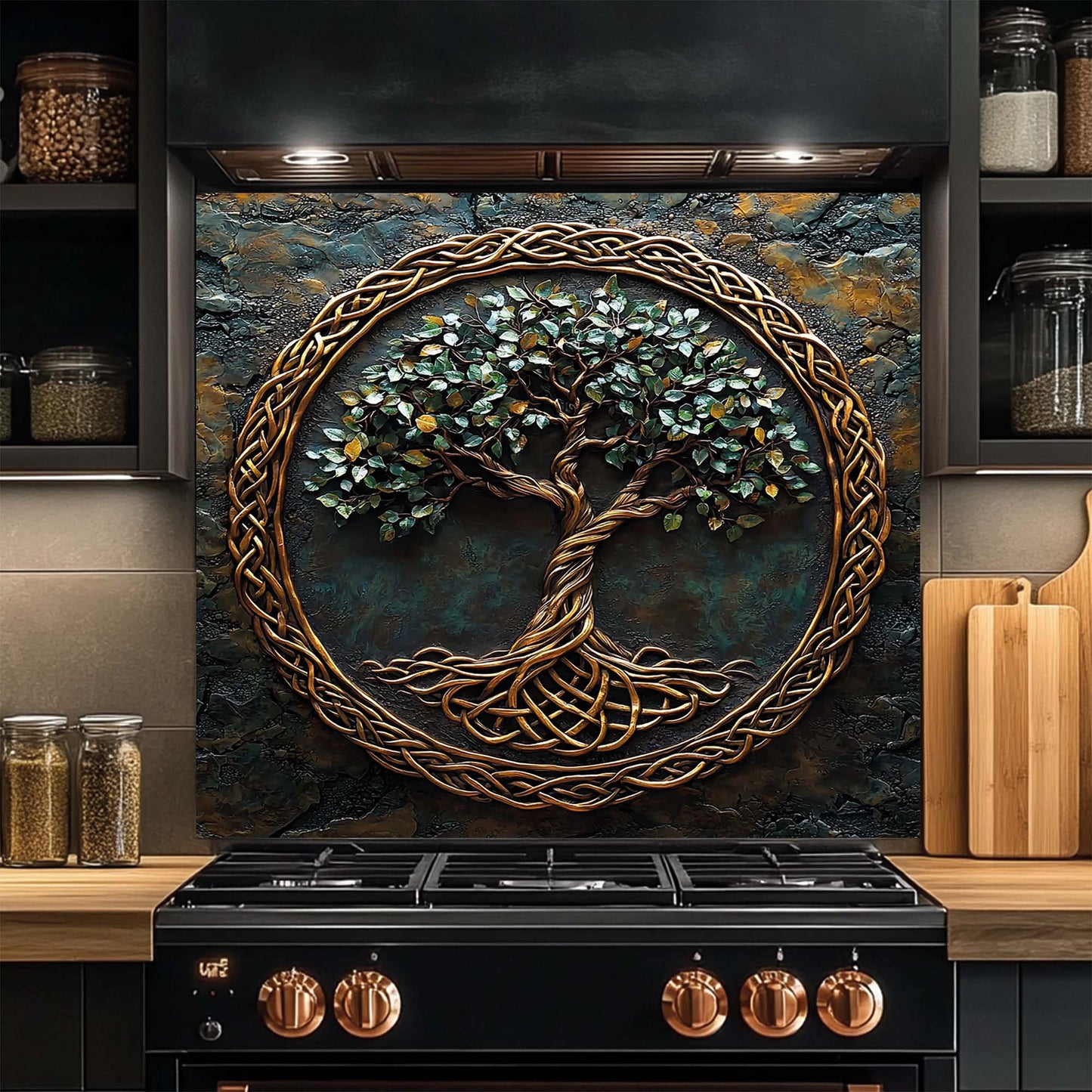 Golden Canopy – Tree of Life Tempered Glass Backsplash | Celtic Copper Look Backsplash