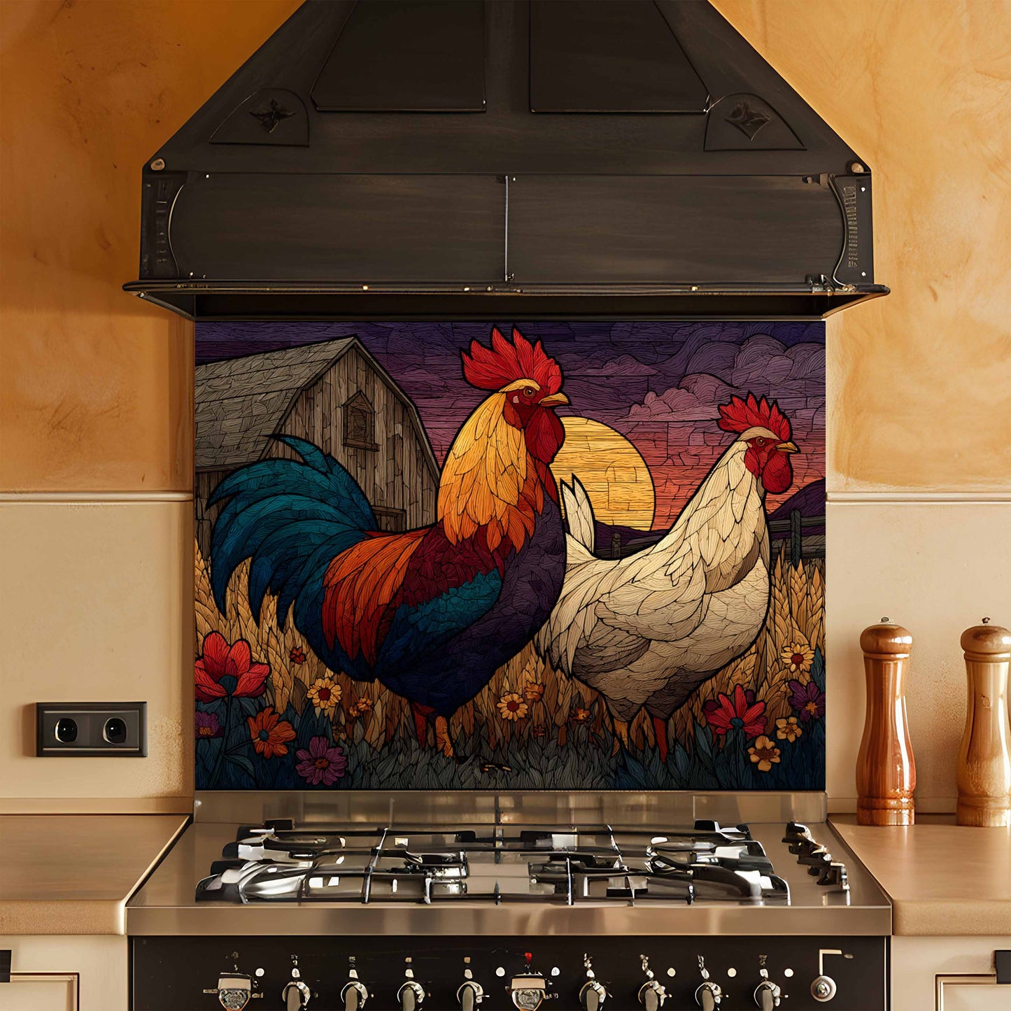Tempered Glass Backsplash for Kitchen | Rustic Rooster and Hen Farm Scene Design