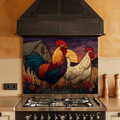 Tempered Glass Backsplash for Kitchen | Rustic Rooster and Hen Farm Scene Design