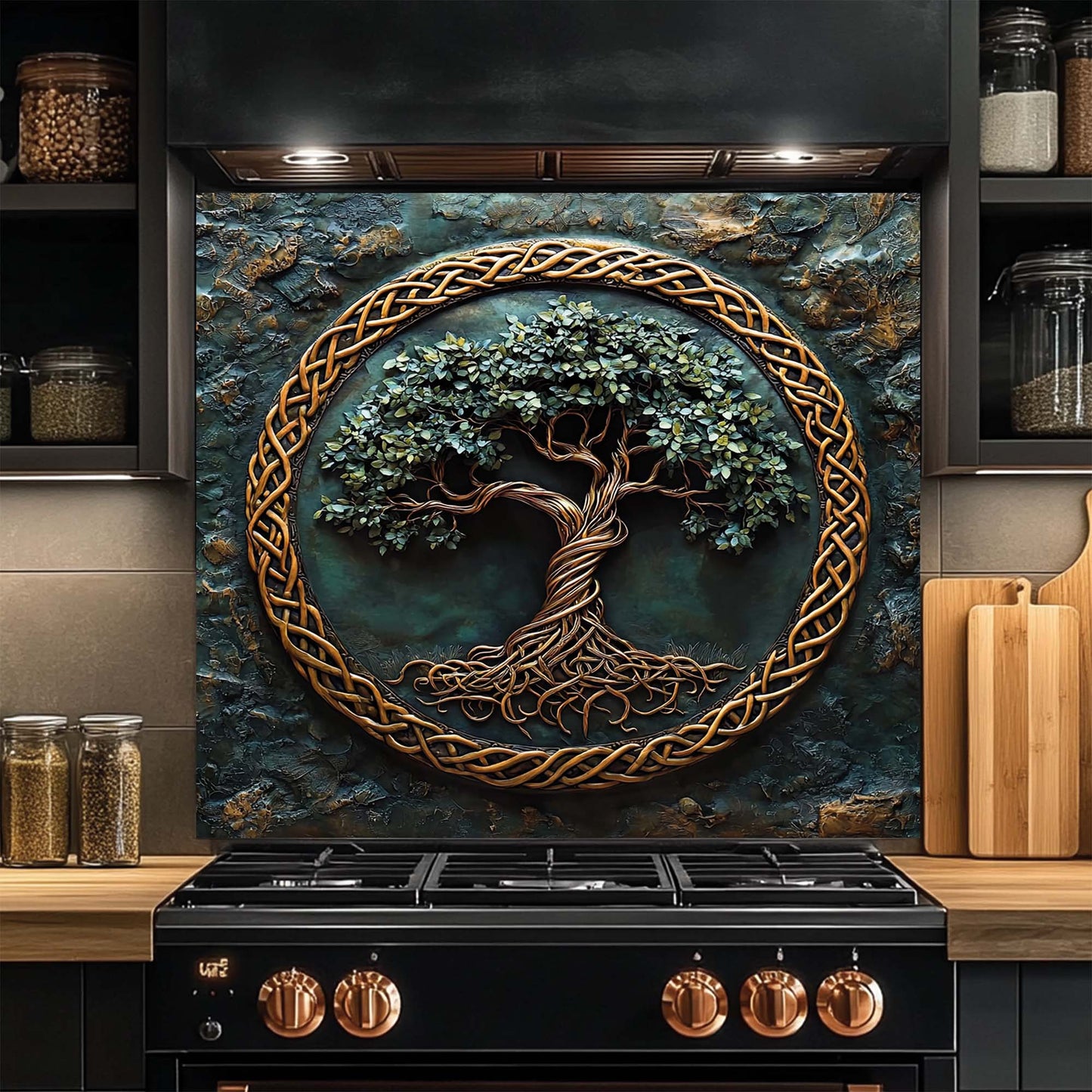 Emerald Roots – Tree of Life Tempered Glass Backsplash | Copper Celtic Kitchen Backsplash