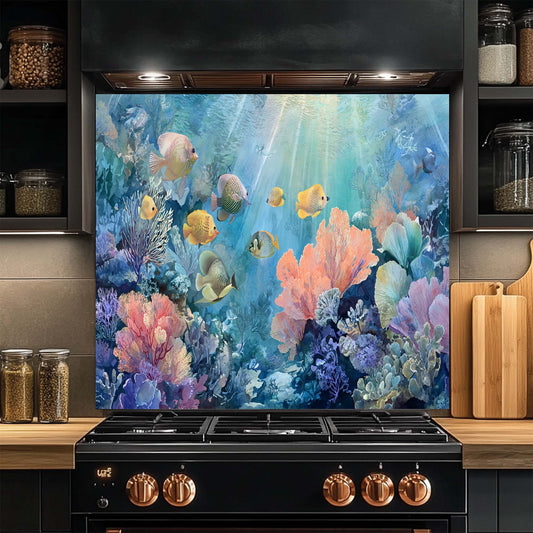 Aqua Garden – Tempered Glass Backsplash for Kitchen | Vibrant Ocean Fantasy Backsplash