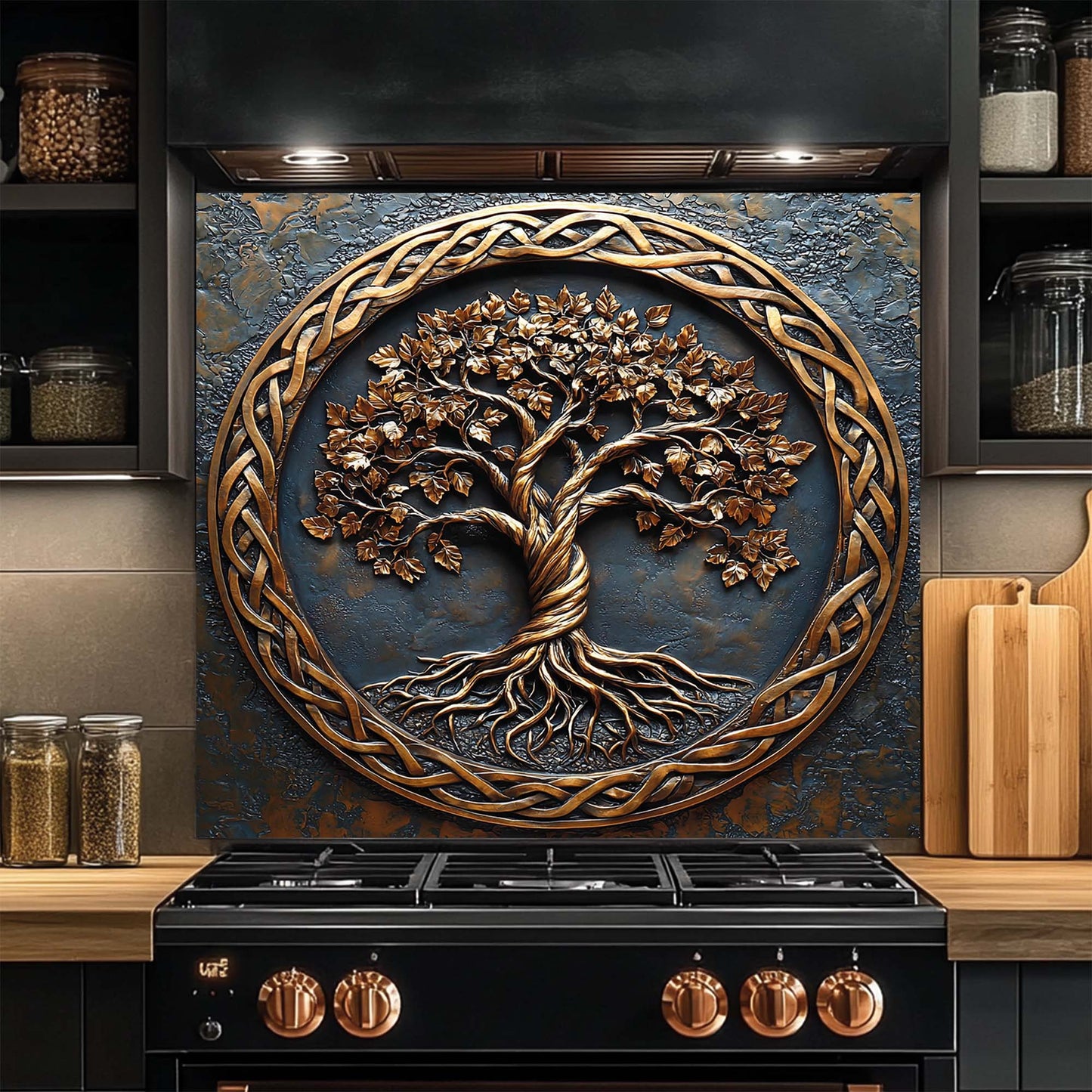 Rooted Soul – Tempered Glass Backsplash for Stove | Tree of Life Copper Look Backsplash
