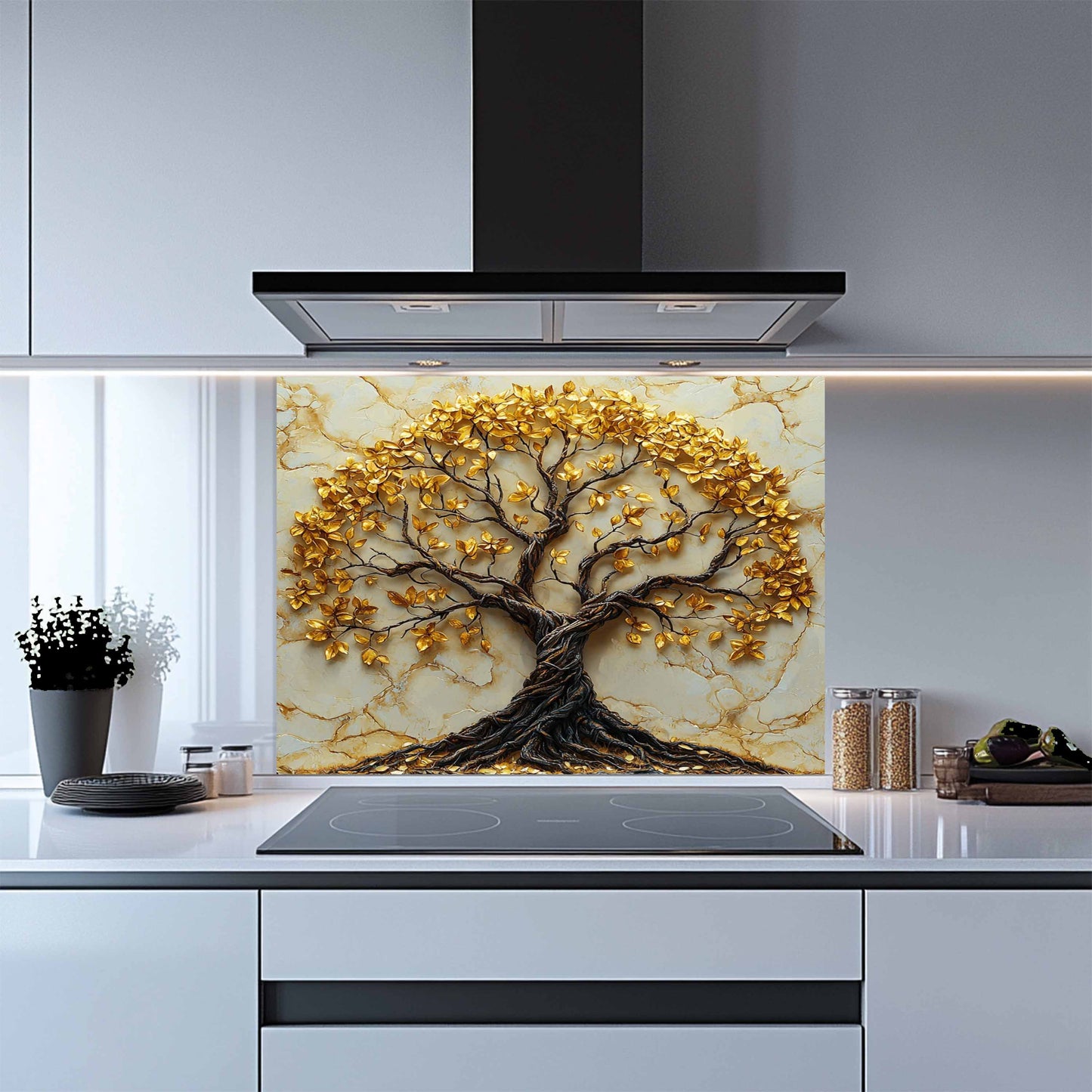 Tempered Glass Backsplash – Gold Marble Tree Kitchen Backsplash