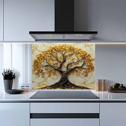 Tempered Glass Backsplash – Gold Marble Tree Kitchen Backsplash