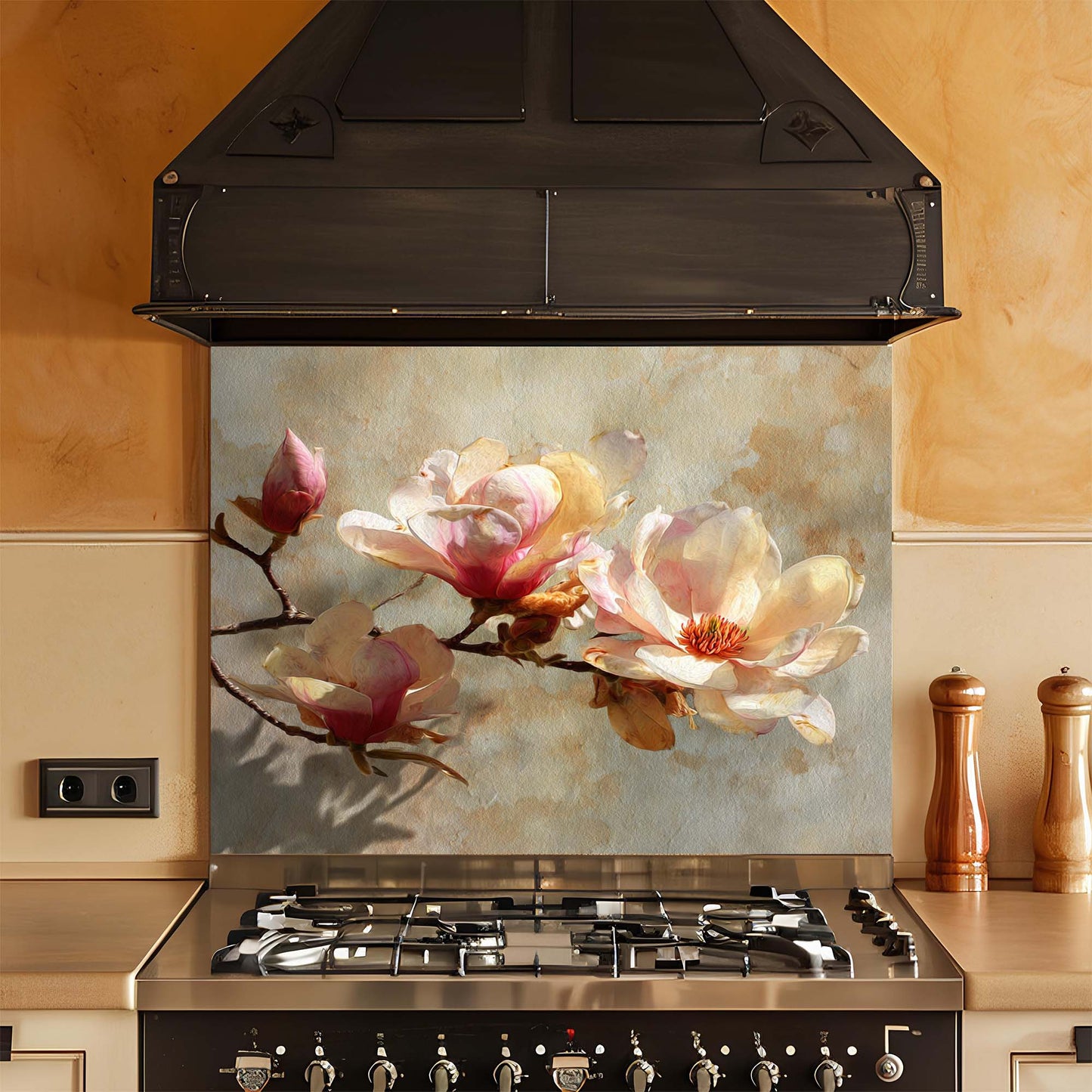 Golden Magnolia – Tempered Glass Backsplash for Kitchen – Vintage Floral Splashback