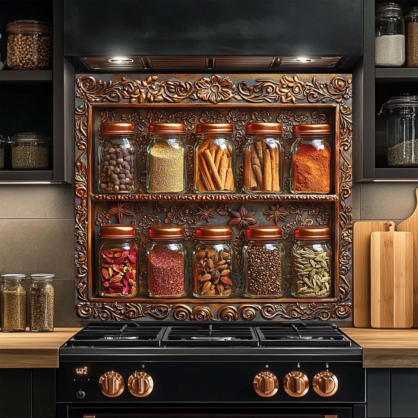 Spice Frame – Tempered Glass Backsplash for Kitchen | Copper Look Spice Jar Backsplash
