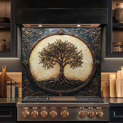 Royal Roots Tempered Glass Backsplash – Vintage Tree of Life Kitchen Stove Backsplash