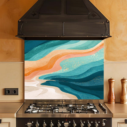 Sunset Tide – Tempered Glass Backsplash for Kitchen – Abstract Ocean Wave Splashback