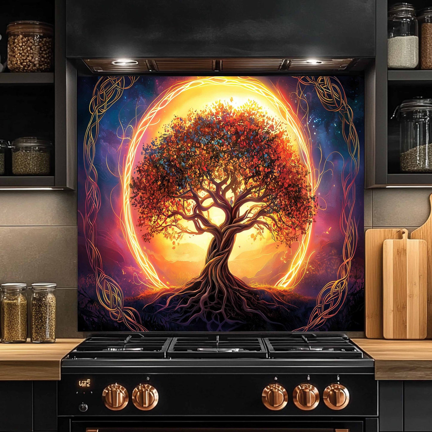 Custom Kitchen Backsplash – Eternal Roots Tempered Glass Stove Backsplash