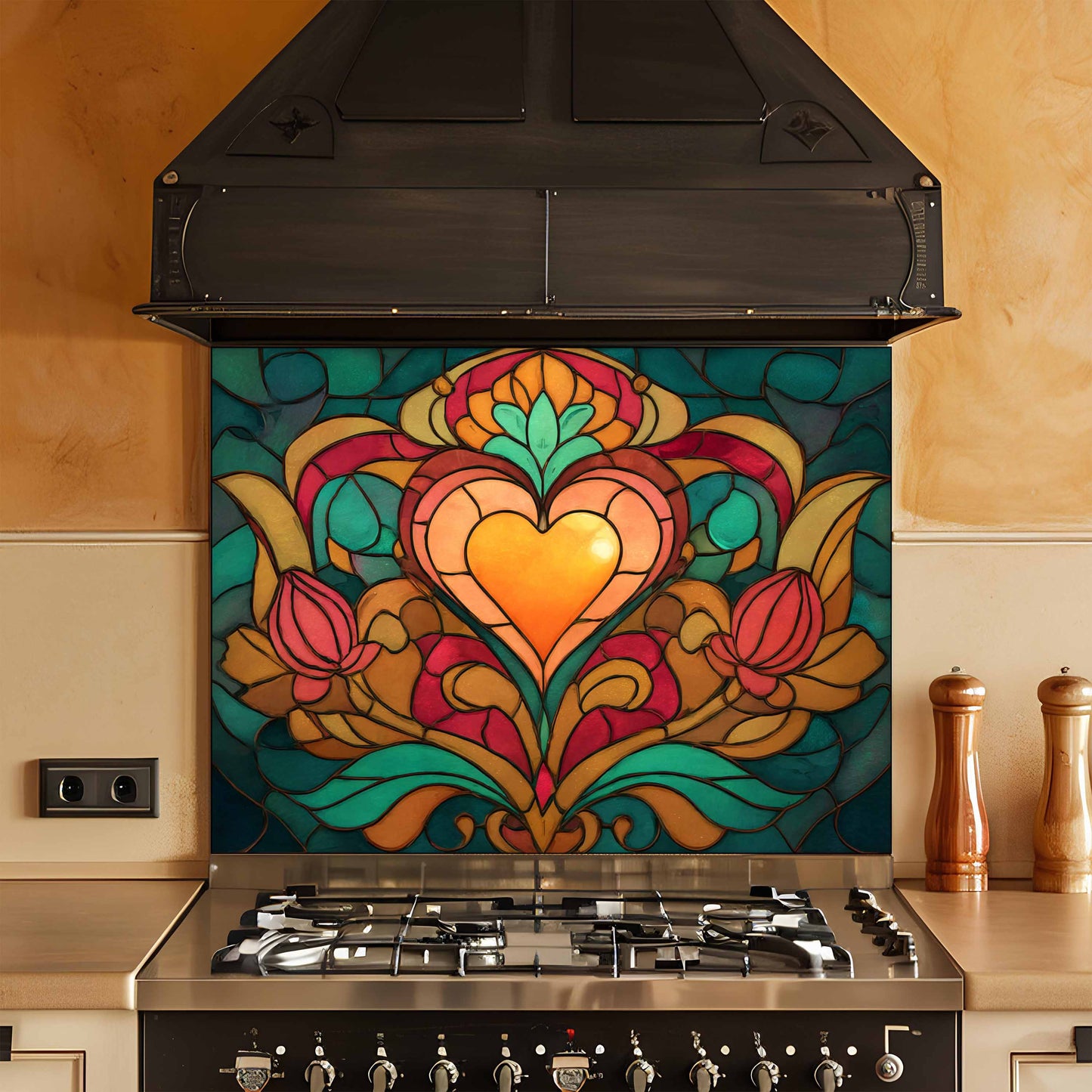 Tempered Glass Backsplash for Kitchen | Stained Glass Heart and Tulip Design