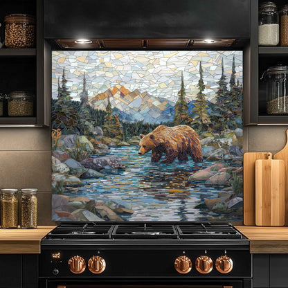 Mosaic Look Creek Tempered Glass Backsplash – Artistic Bear & River Scene