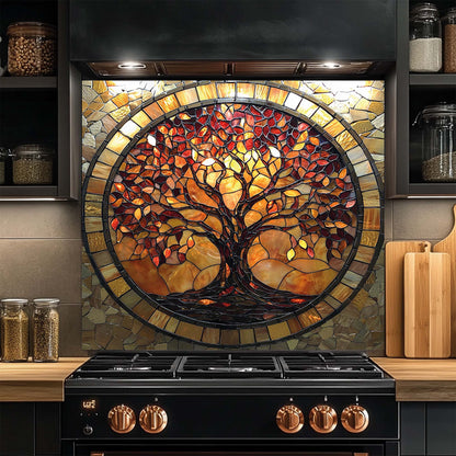 Amber Radiance – Tempered Glass Backsplash for Stove | Tree of Life Mosaic Style Backsplash