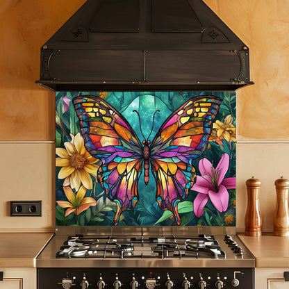 Tempered Glass Backsplash for Kitchen | Colorful Butterfly & Floral Stained Glass Design