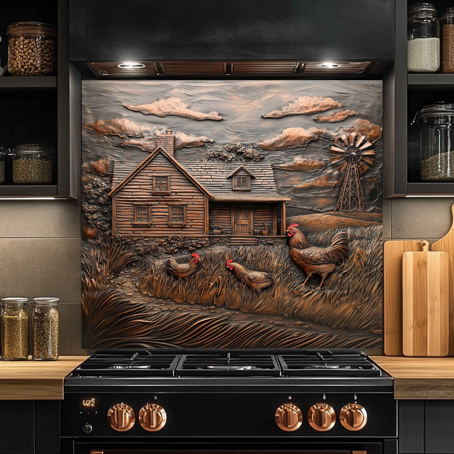 Copper Look Tempered Glass Backsplash for Kitchen | Rustic Cabin, Rooster & Windmill Design
