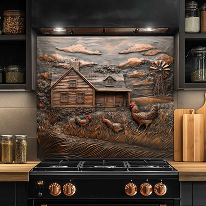 Copper Look Tempered Glass Backsplash for Kitchen | Rustic Cabin, Rooster & Windmill Design
