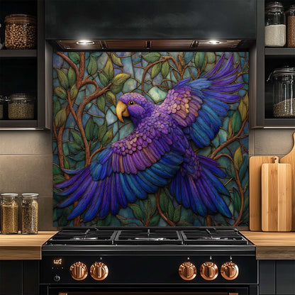 Azure Harmony – Tempered Glass Backsplash for Kitchen Stove | Purple Blue Bird Backsplash