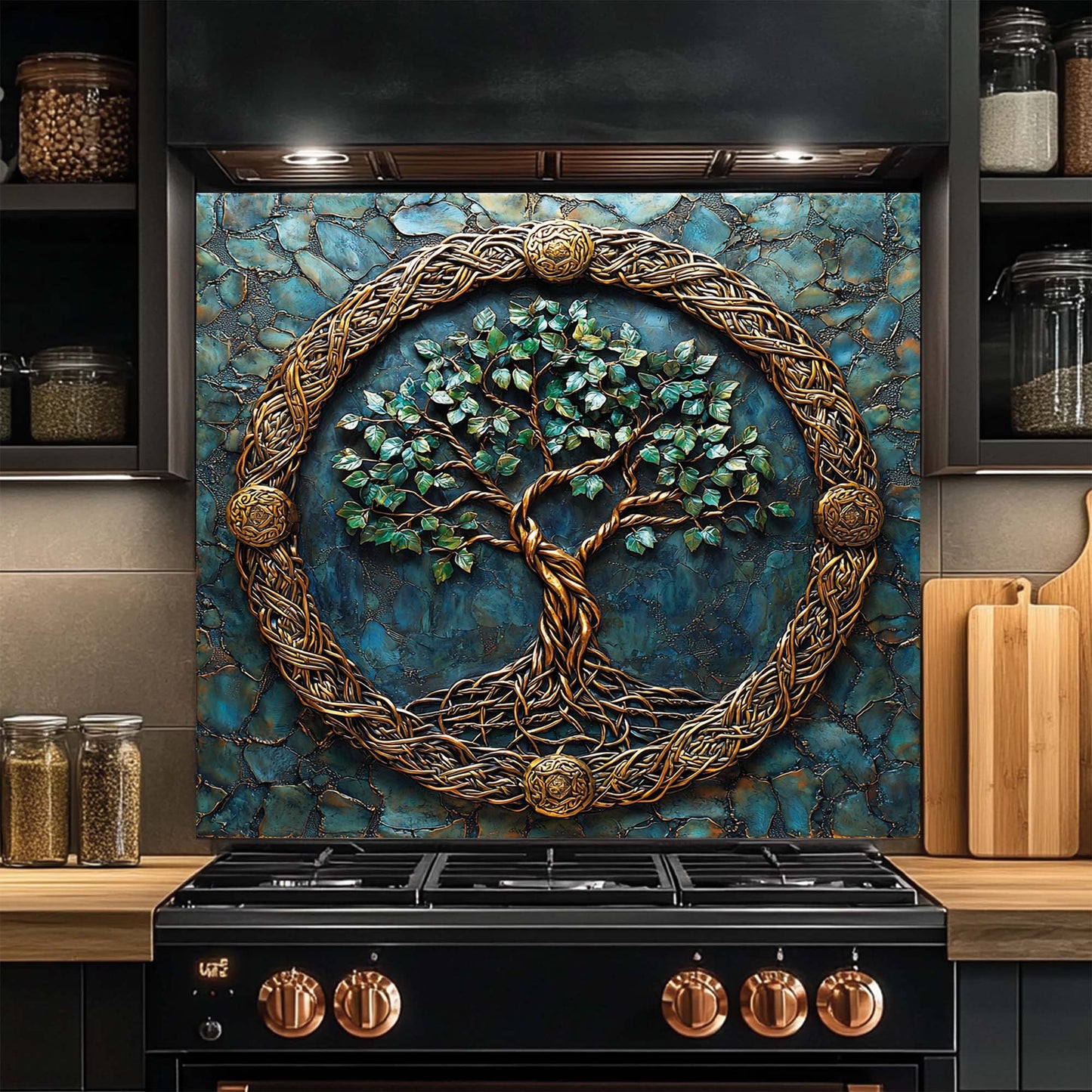 Celtic Embrace – Tempered Glass Backsplash for Kitchen Stove | Copper Look Backsplash