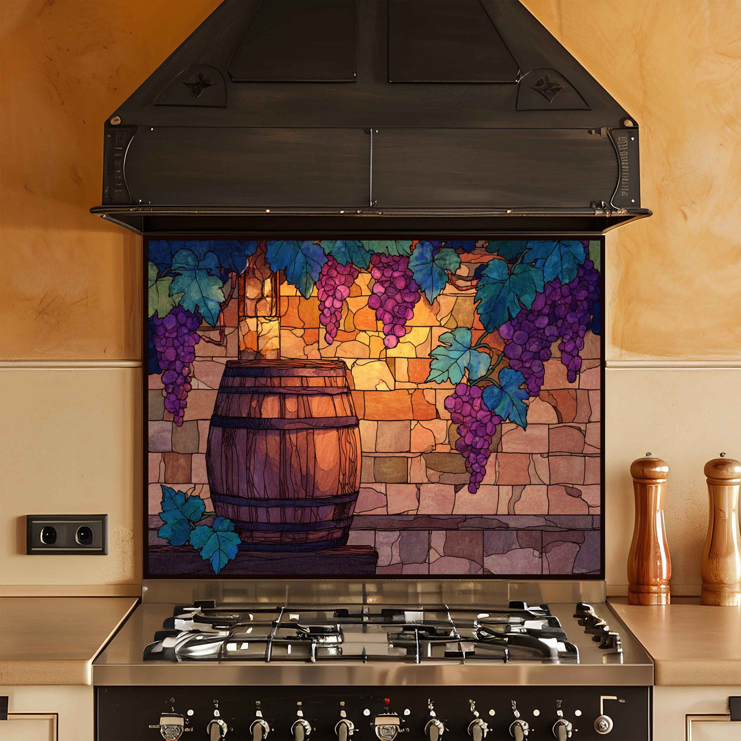 Tempered Glass Backsplash for Kitchen | Rustic Wine Barrel & Vineyard Grape Design
