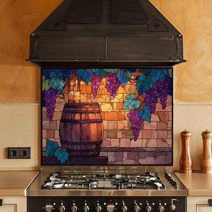 Tempered Glass Backsplash for Kitchen | Rustic Wine Barrel & Vineyard Grape Design