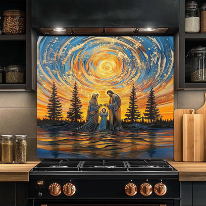 Divine Harmony – Tempered Glass Backsplash for Kitchen Stove | Holy Family Sunset Scene