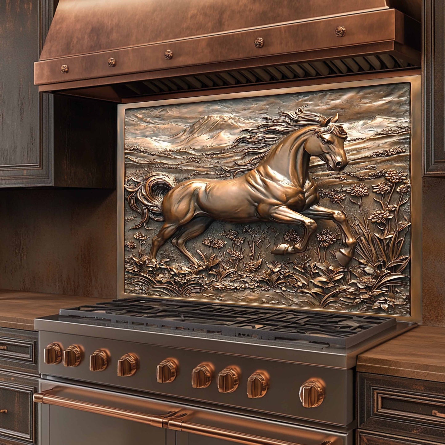 Copper Look Horse Tempered Glass Backsplash – Farmhouse Kitchen Backsplash