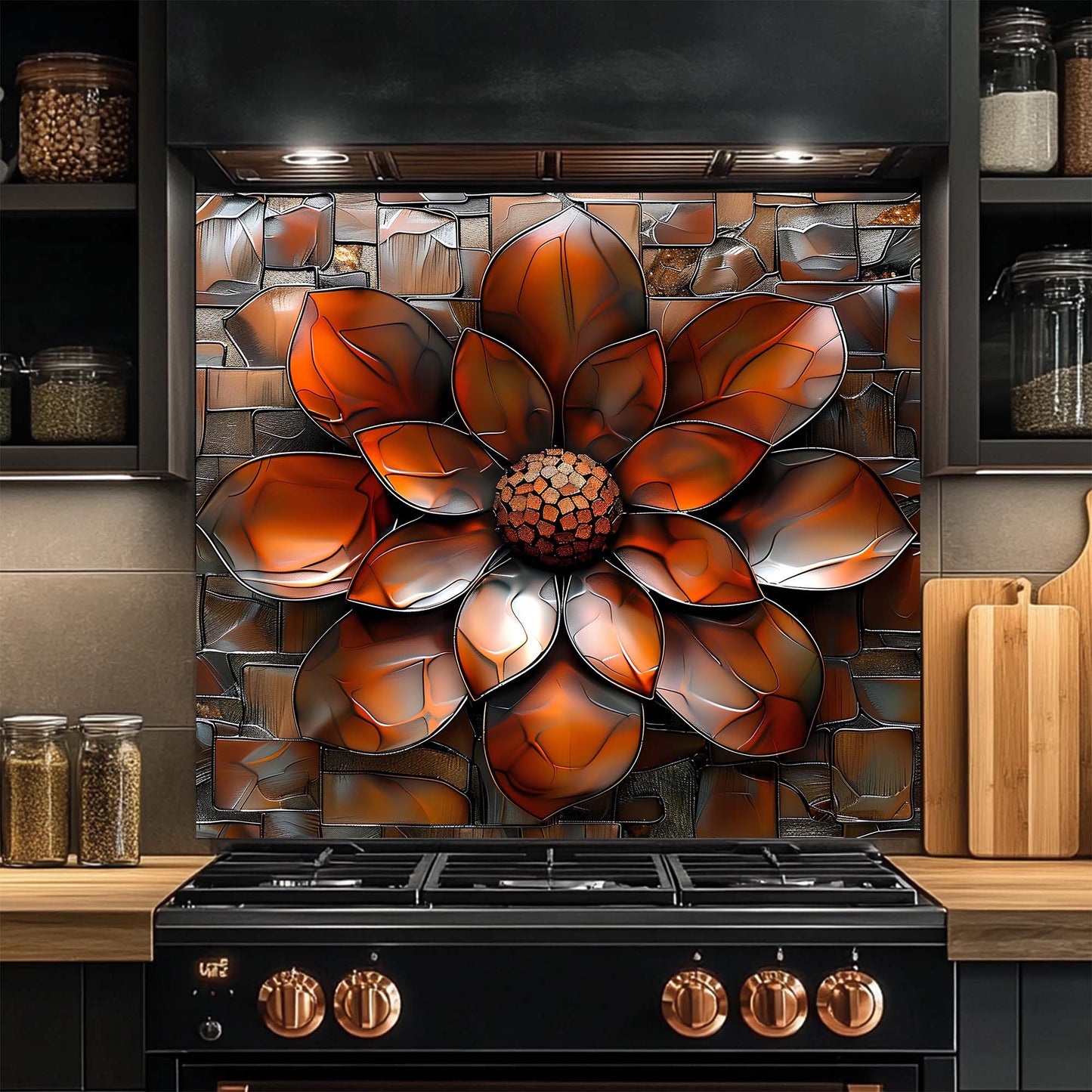 Burnt Petal – Tempered Glass Backsplash for Kitchen | Copper Look Flower Backsplash
