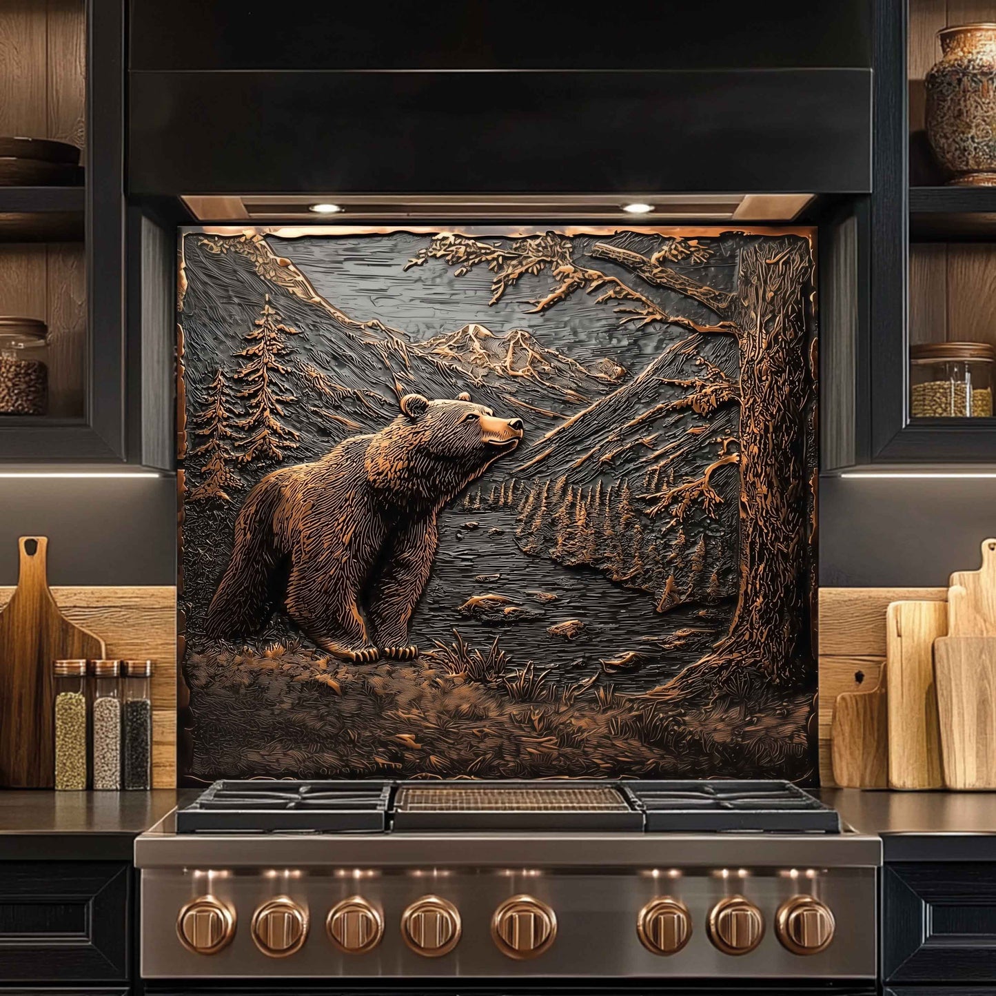 Mountain Whisper Tempered Glass Backsplash – Bear in Forest Kitchen Backsplash Panel